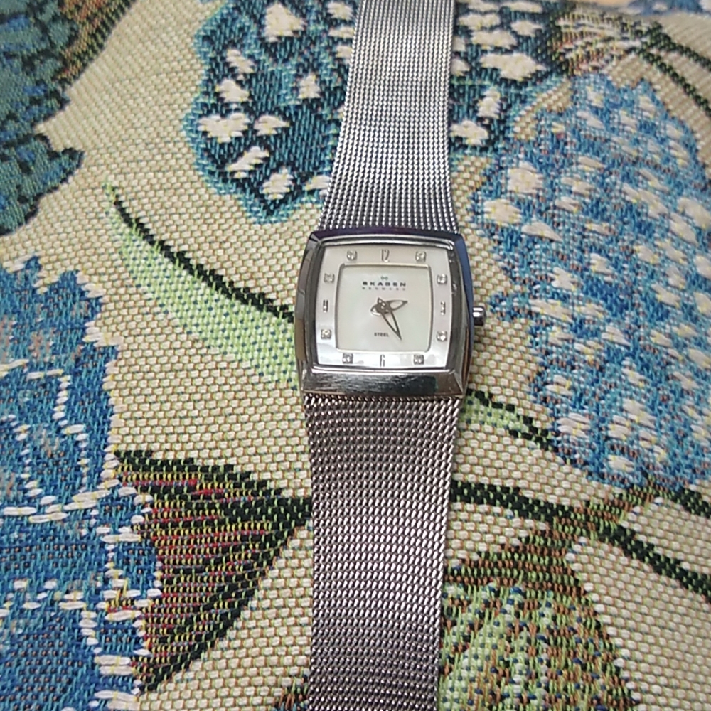 Skagen MOP square face w diamond accents watch